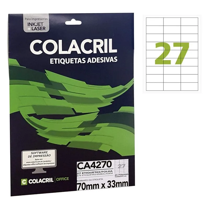 Etiqueta Adesiva Colacril A4 CA4270 70x33mm 25Fls