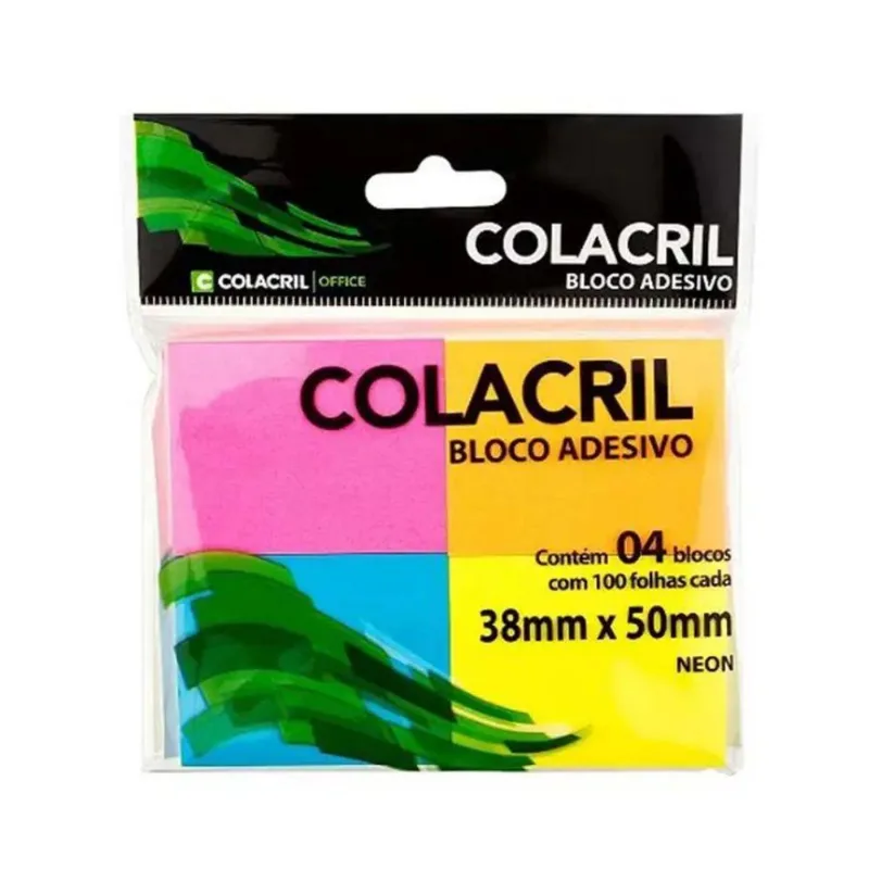 Bloco Adesivo Colacril Para Recados E Marcações 38mm X 50mm 100 Folhas 4 Cores Neon