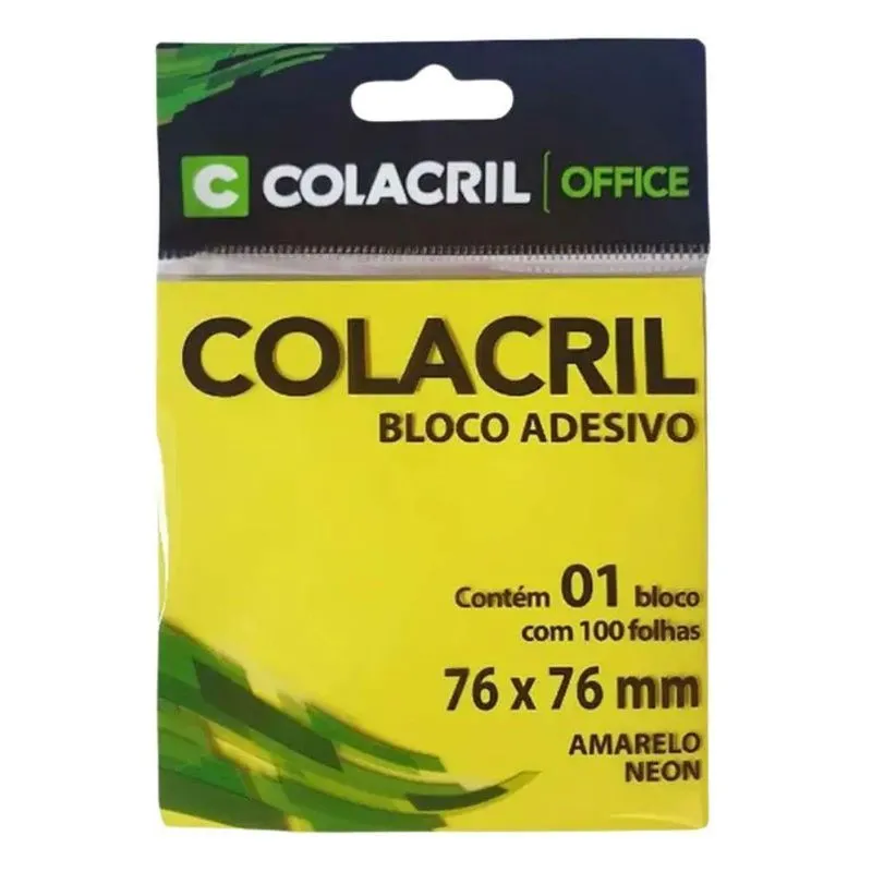 Bloco Adesivo Colacril Para Recados 76mm X 76mm Com 100 Folhas Amarelo Neon