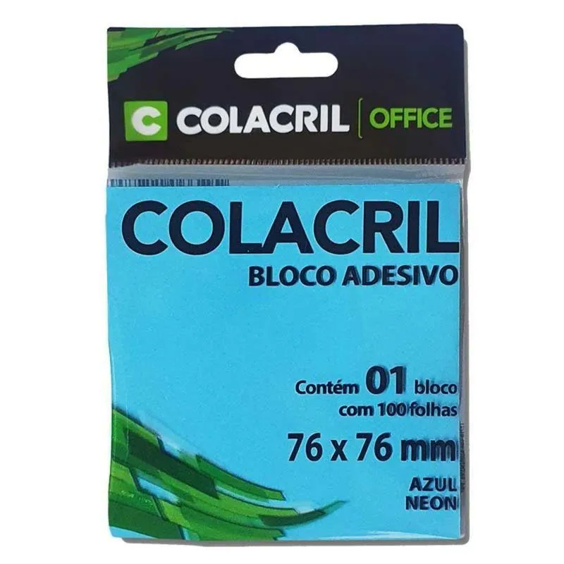 Bloco Adesivo Colacril 76mm X 76mm 100 Folhas Para Anotações E Recados Azul Neon