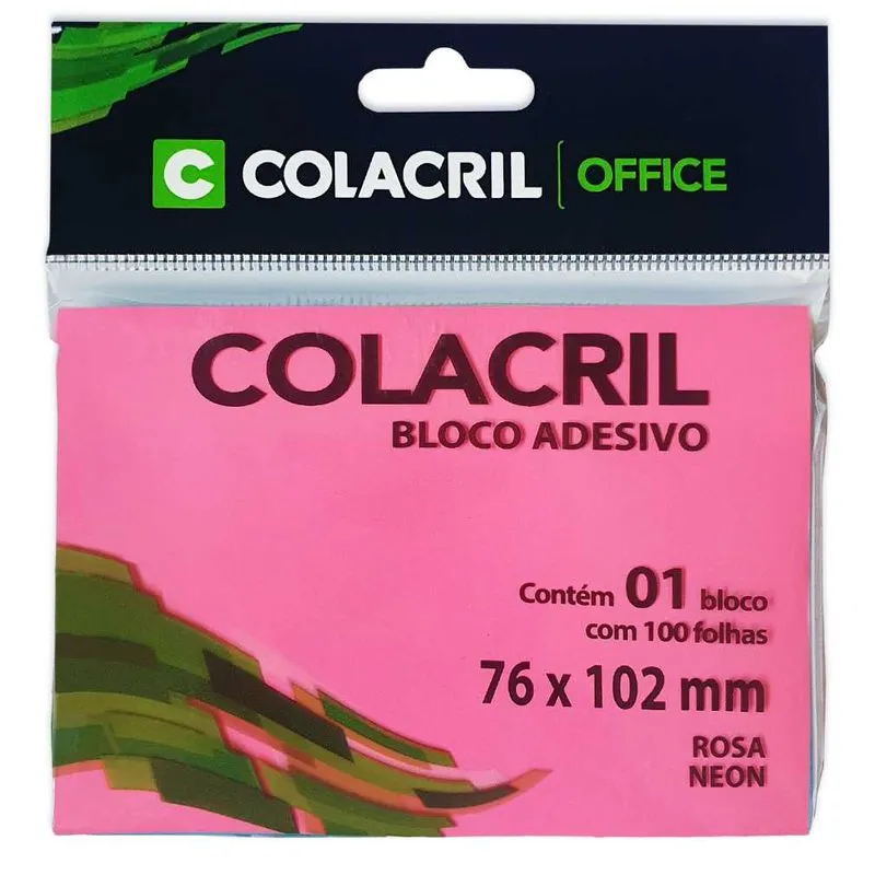 BLOCO DE NOTAS ADESIVAS 76x102MM 100FL ROSA NEON COLACRIL
