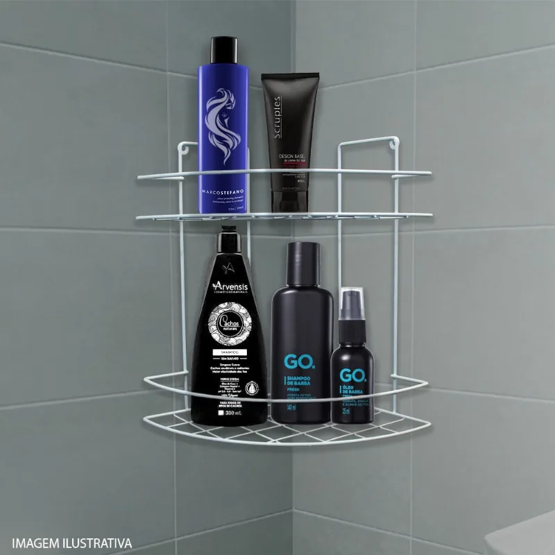 Porta Shampoo Condicionador e Sabonete Suporte Duplo para Canto de Parede Aramado Branco