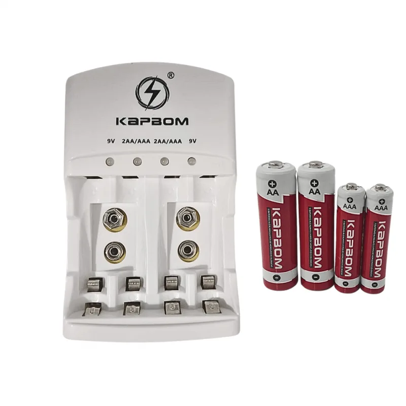 Carregador De Pilhas Com Led + 02 Pilhas Aaa + 02 Pilhas Aa Recarregáveis
