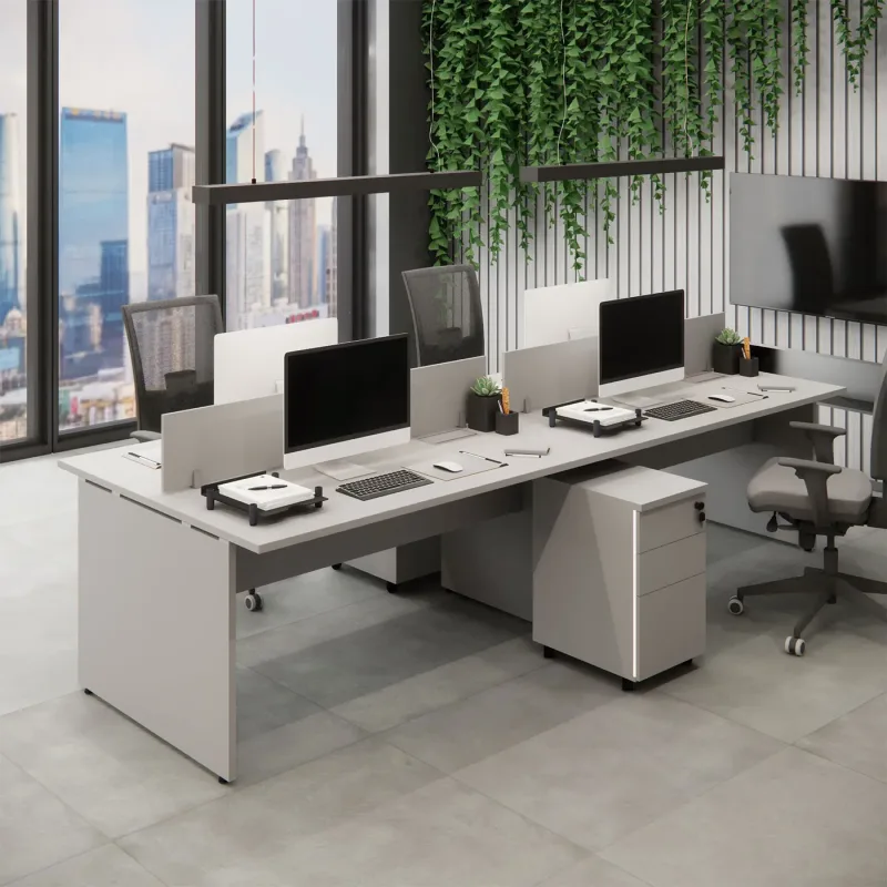 Plataforma 3,00m com 2 Gaveteiros e 2 Divisórias para 4 Pessoas Cinza F5 Office