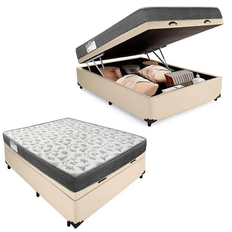 Cama Box Baú Casal Sintético + Colchão De Molas Ensacadas Sereneprime 138x188x62cm Bege