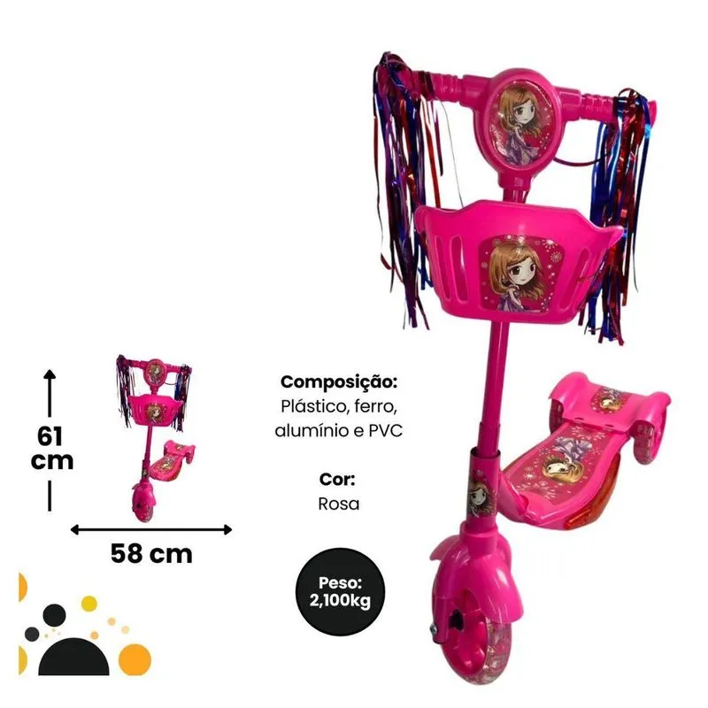 Patinete Infantil Rosa Com Freio E Rodas Brilhantes