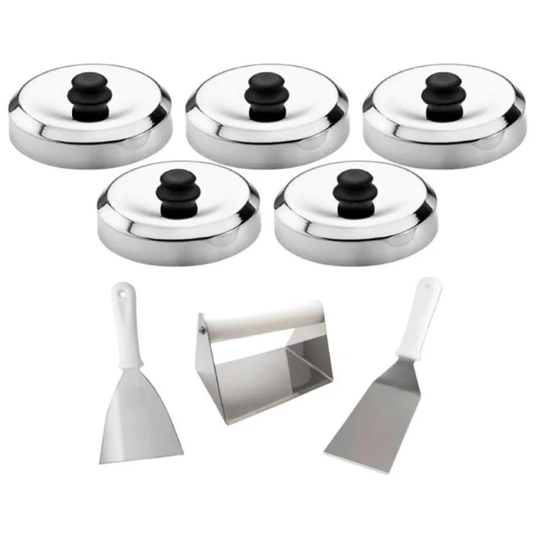 Kit Smash Burger Hambúrguer Abafadores Espátulas Reta Curva