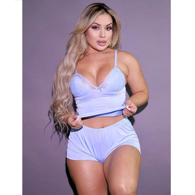 Pijama Flanelado com Shorts e Regata Cropped Rendada Hot Love
