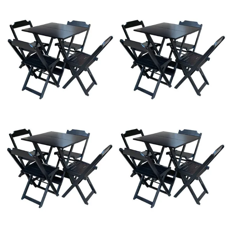 Kit 4 Conjuntos De Mesa Dobravel 60X60 Em Madeira Padrão Com 4 Cadeiras - Preto - Preto