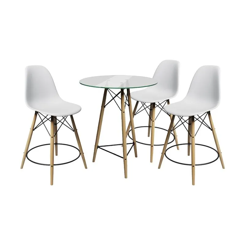 Conjunto Mesa Bistrô Eames Eiffel Vidro com 3 Banquetas Brancas de Madeira
