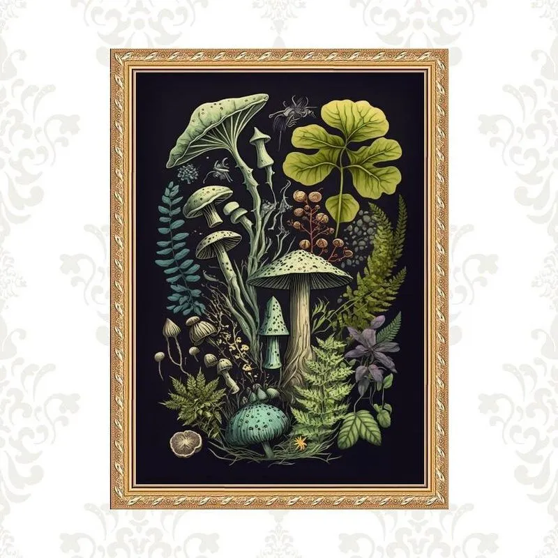 Quadro Moldura Dourada Botânica Cogumelos 24X18Cm