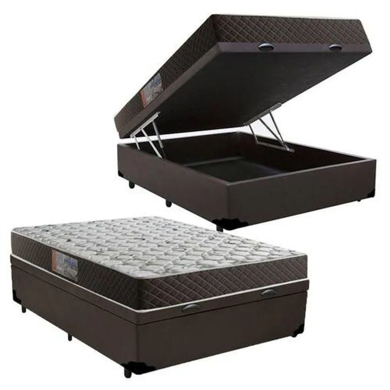 Cama Box Com Baú Casal Colchão Molas Bonnel Tecido Sintético Marrom