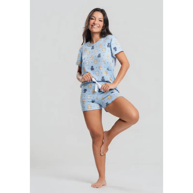 Pijama Short e Blusa M/C Malha Gato Azul Salvatore Tamanho M