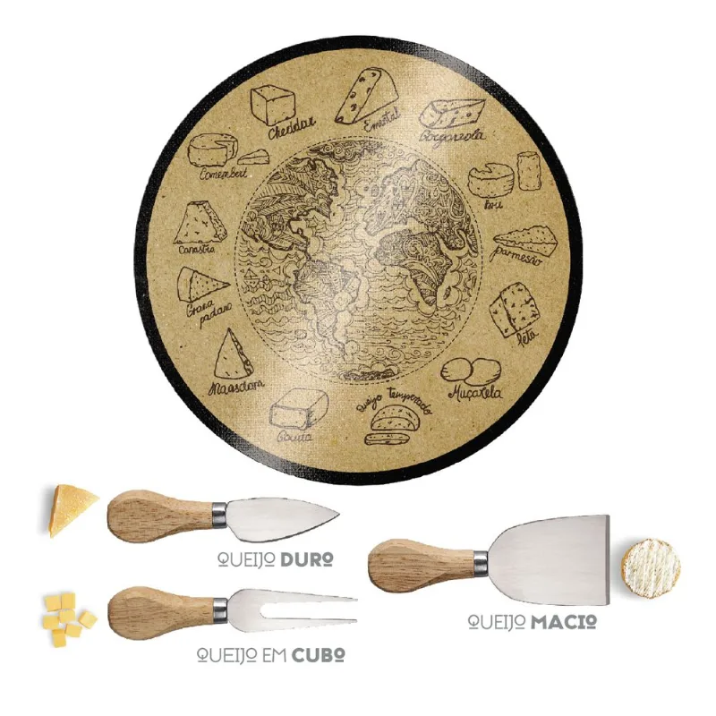 Conjunto Para Queijo 4 Peças Com Tabua Decoracao Cortica Euro Home