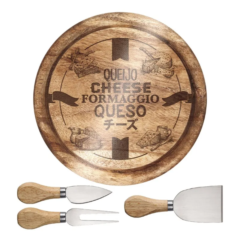 Conjunto Para Queijo 4 Peças Com Tabua Decoracao Madeira Euro Home