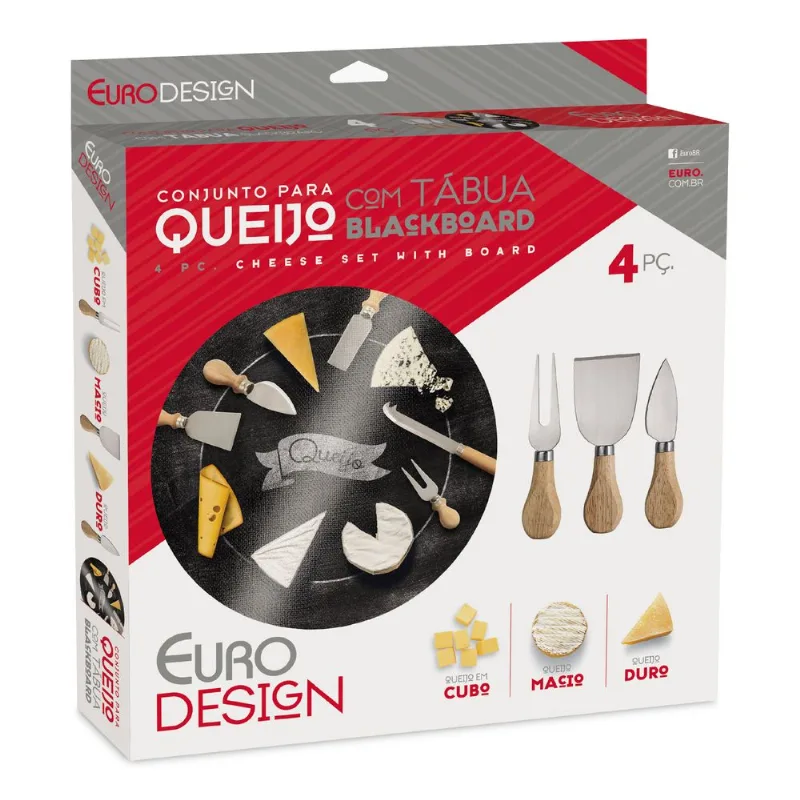 Conjunto Para Queijo 4 Peças Com Tabua Decoracao Blackboard Euro Home
