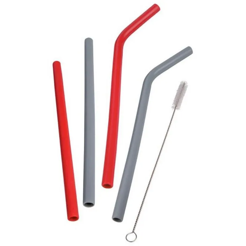 Conjunto de Canudo com Escova Euro Home Silicone - 5 Peças Vermelho com Cinza