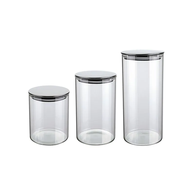 Conjunto De Potes De Vidro Slim Com Tampa Inox 3 Peças