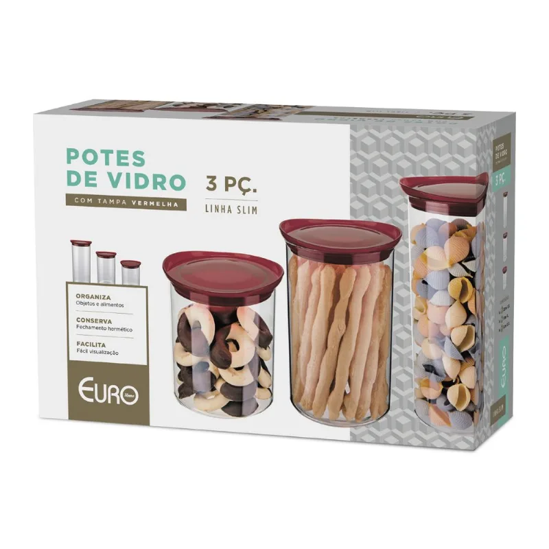 Conjunto De Potes De Vidro Slim Com Tampa Plastica 3 Peças Vermelho Euro Home