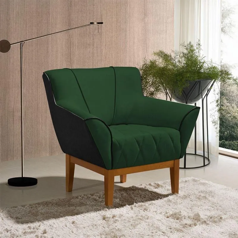 Poltrona Pérola Estofado Veludo Verde Tecido Sintético Preto Base Madeira Maciça Castanho