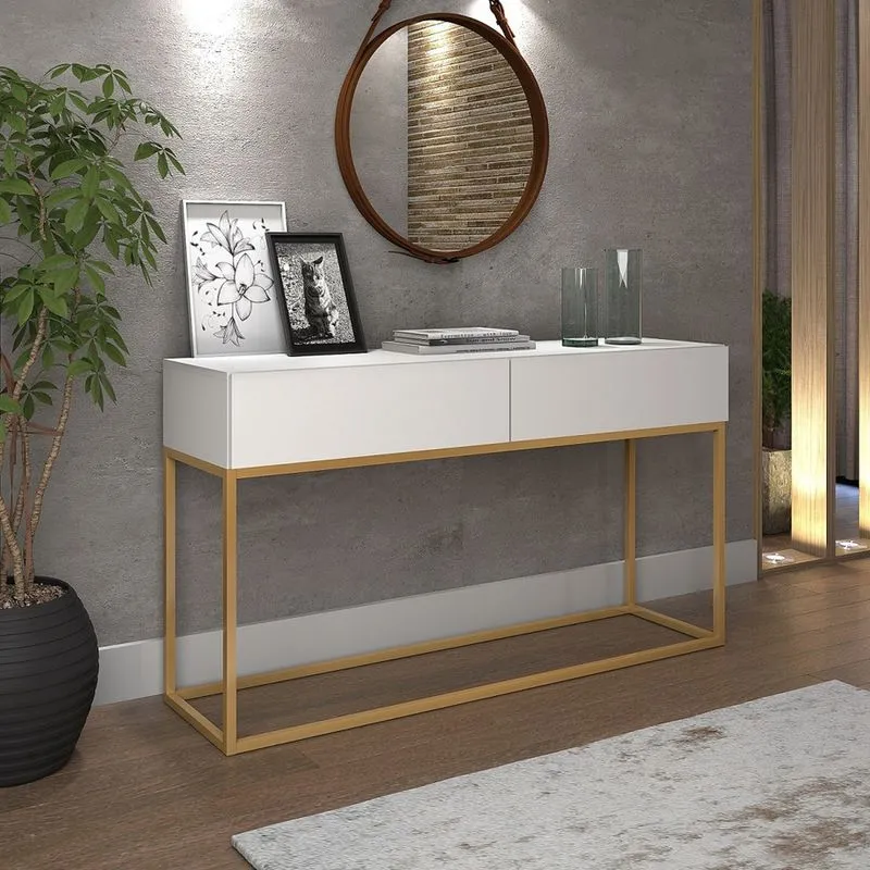 Aparador Buffet Eros 1,10mt Gavetas Sala Hall Estilo Industrial Pé Dourado