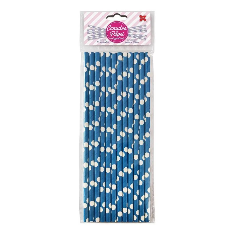 Canudo Papel Azul Royal Com Poá Grande Branco 6mmx200mm 12un