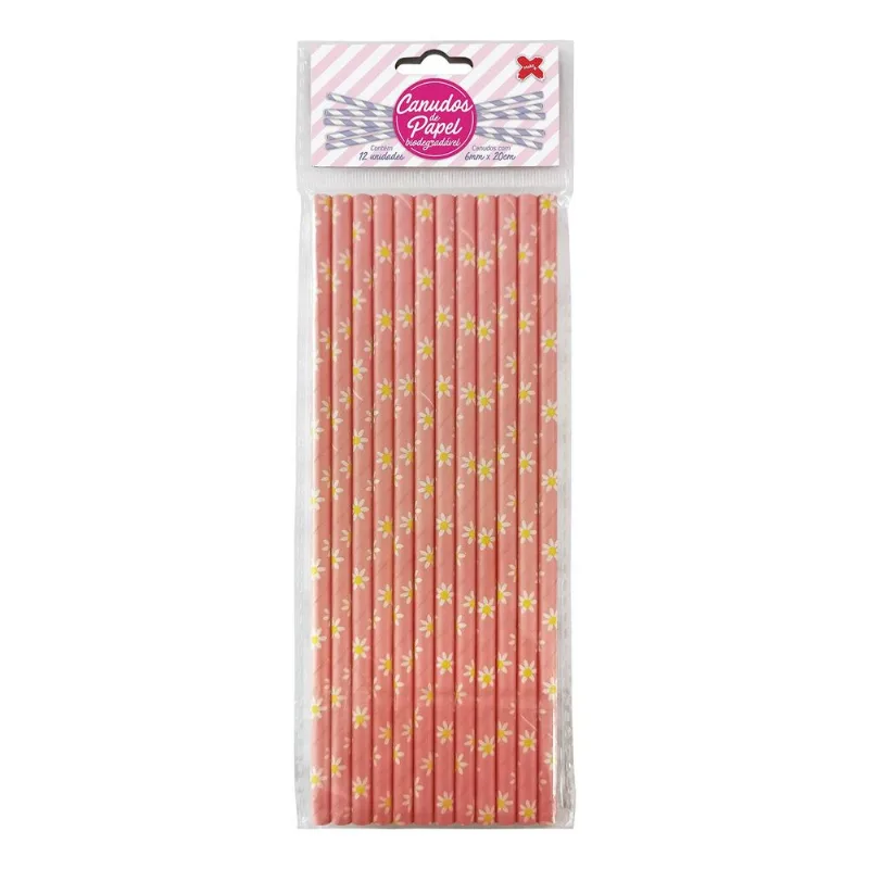 Canudo De Papel Biodegradável Rosa Com Flores