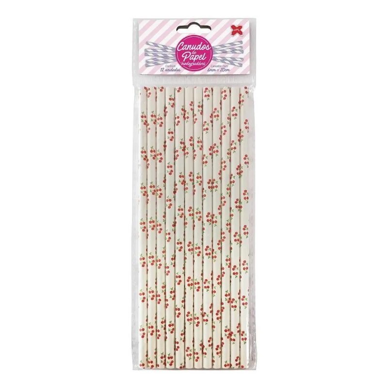 Canudo De Papel Branco Com Cereja 6mmx200mm 12 Unidades