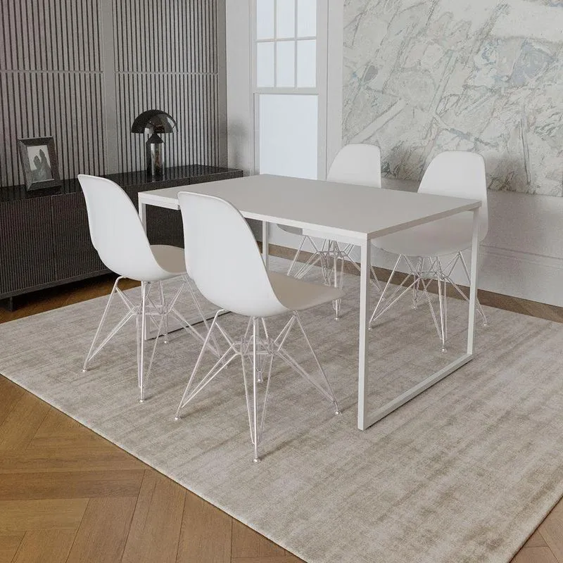 Mesa Industrial Base Ferro Branco Tampo 137x90 Branco 4 Cadeiras Ferro Branco Assento Branco Branco