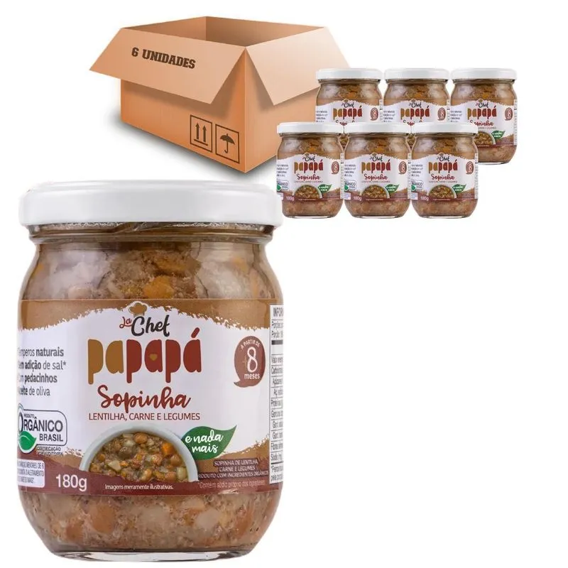 Kit Com 6 Sopinha Orgânica Papapá Lentilha Carne Leg 180g