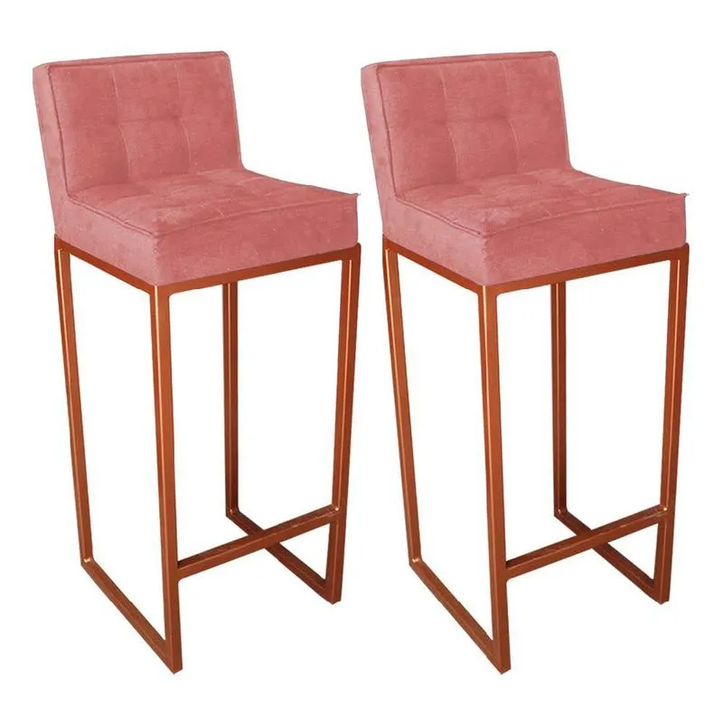 Conjunto 02 Banquetas Alta Lunna Assento Suede Rosê E Base Bronze - Bebezin