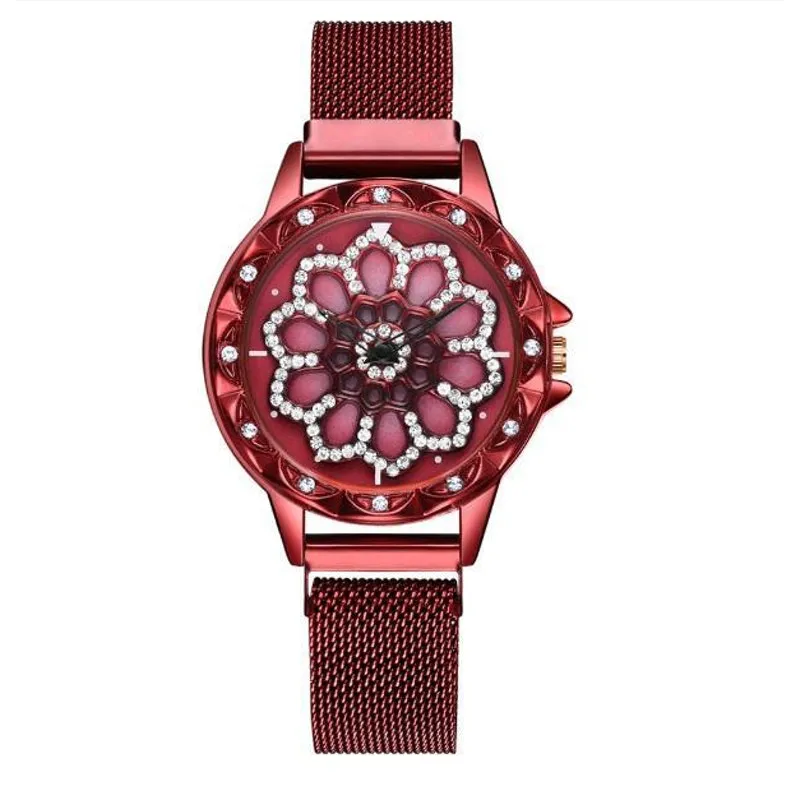 Relógio Feminino Pulseira Ímã Vermelho Fundo Giratório