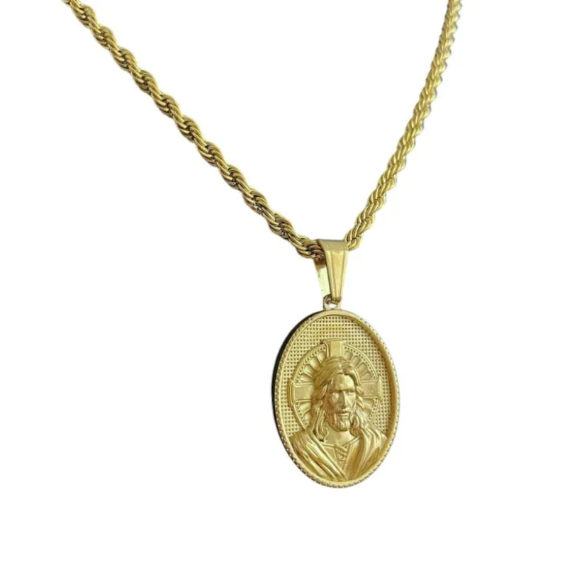 Cordão Baiano 5Mm + Pingente Jesus Oval - Banhado A Ouro