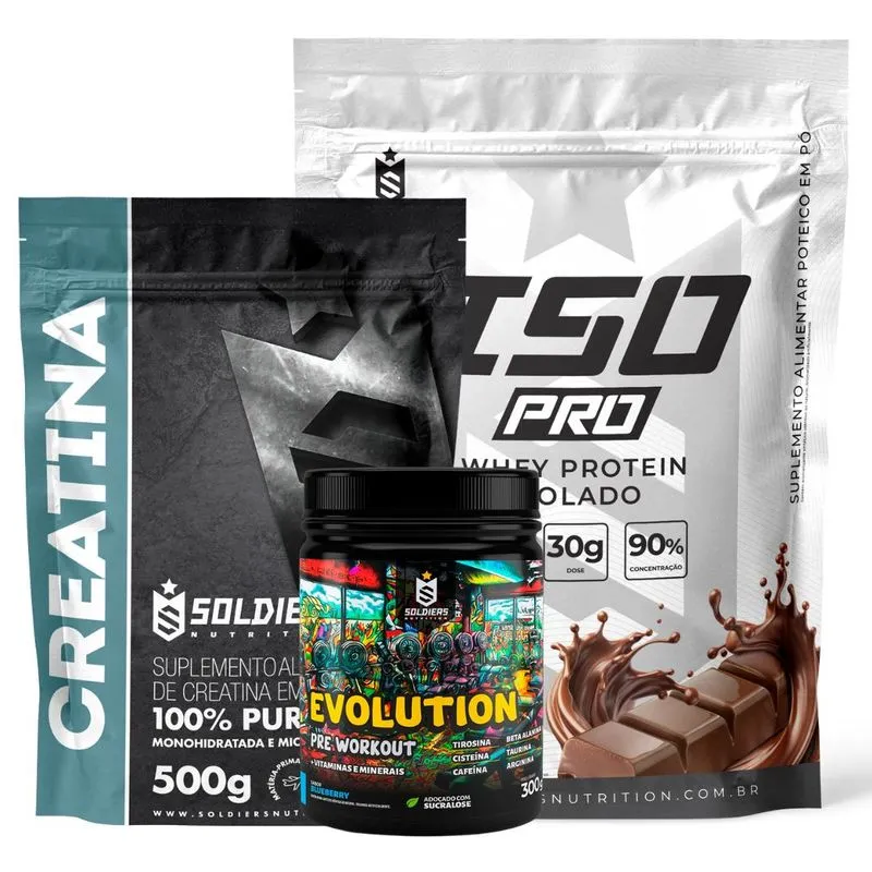 Kit: Whey Protein Isolado ISO PRO 1kg + Creatina Monohidratada 500g + Pré-Treino Evolution - Soldiers Nutrition