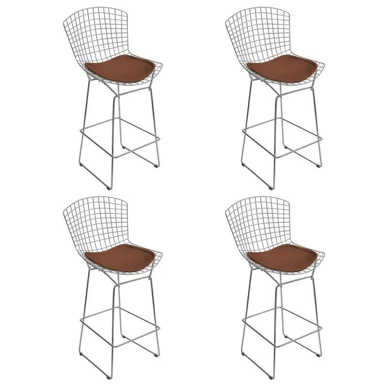 Kit 4 Banquetas Bertoia Cromada D80 Com Assento Sintético Marrom