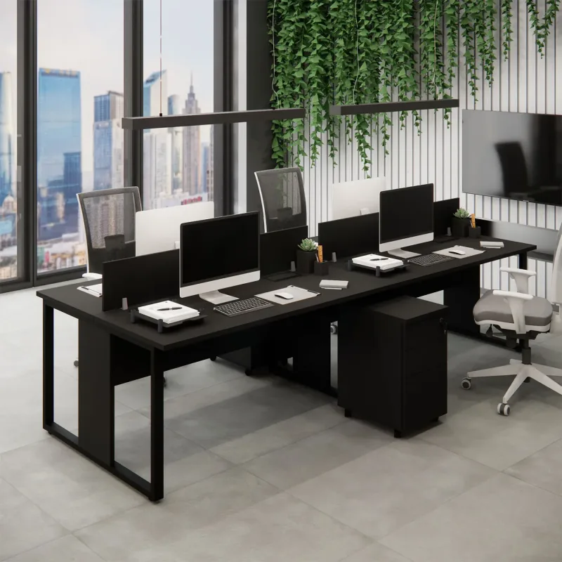 Plataforma com 2 Gaveteiros e Divisória para 4 Pessoas 3,00m Preto Pés Metal F5