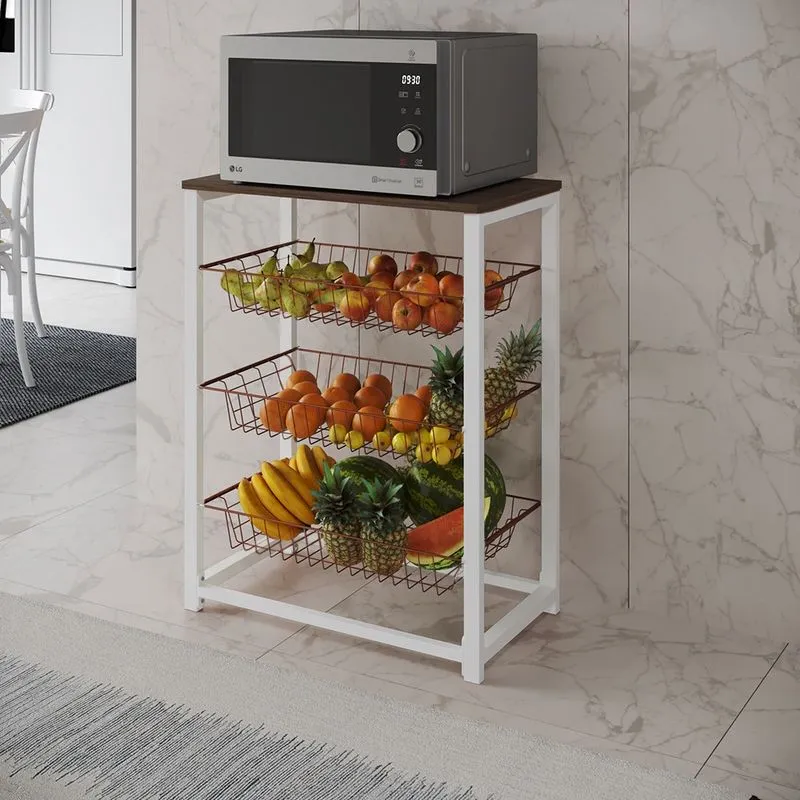 Fruteira com Suporte para Micro-ondas Barcelona Aço Branco Cesto Cobre Tampo Amêndoa