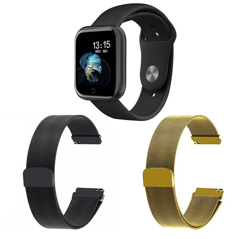 Kit 1 Relógio Smartwatch P70 Monitor de Saúde Preto Android iOS + 2 Pulseiras Milanesa Preto e Dourado