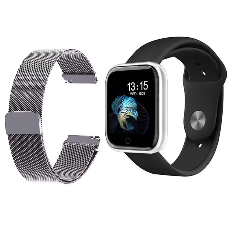 Kit 1 Relógio Smartwatch P70 Monitor de Saúde Prata Android iOS + 1 Pulseira Milanesa Preto
