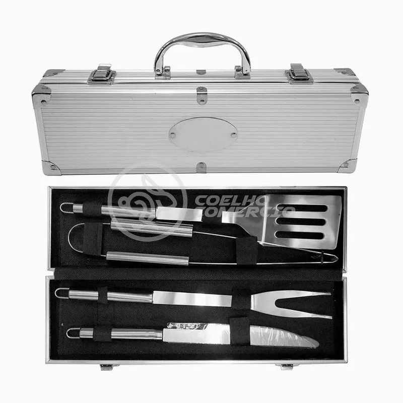 Kit Churrasco 4 Peças Espátula, Faca, Garfo, Pegador Em Aço