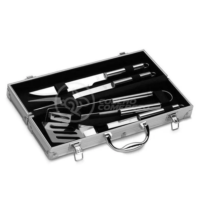 Kit Churrasco 4 Peças Espátula, Faca, Garfo, Pegador Em Aço
