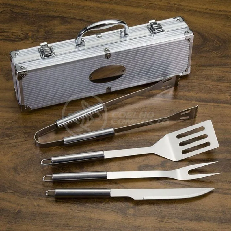 Kit Churrasco 4 Peças Aço Inox C/Maleta Em Alumínio