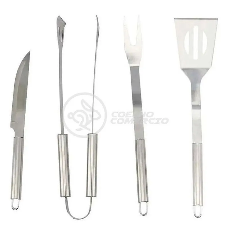 Kit Churrasco 4 Peças Espátula, Faca, Garfo, Pegador Em Aço