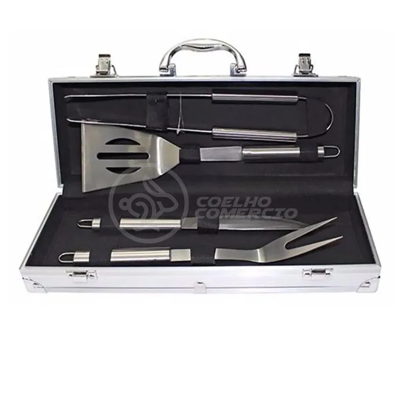 Kit Churrasco 4 Peças Espátula, Faca, Garfo, Pegador Em Aço