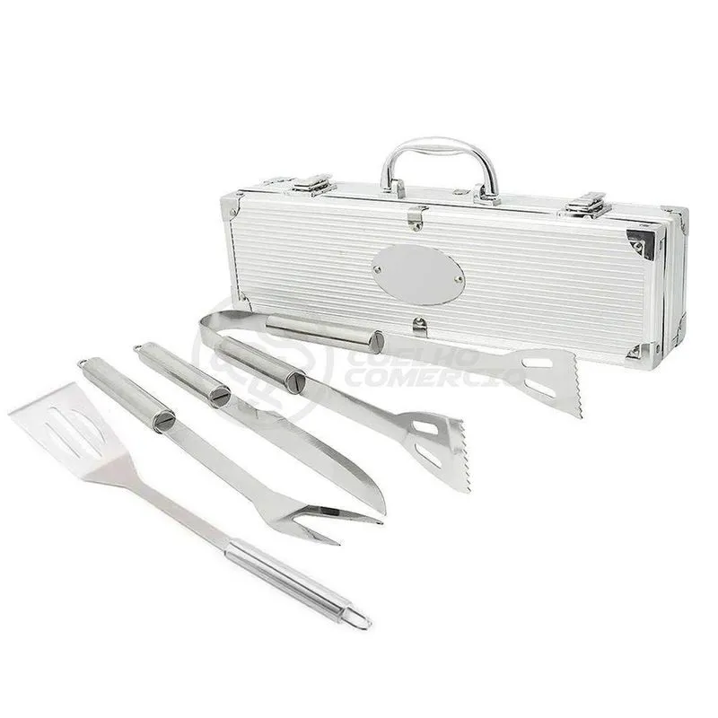Kit Maleta p/ Churrasco Steak Gourmet Jogo Com 4pçs Inox