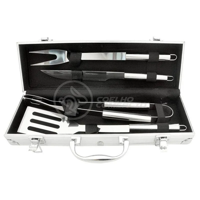 Kit Maleta p/ Churrasco Steak Gourmet Jogo Com 4pçs Inox