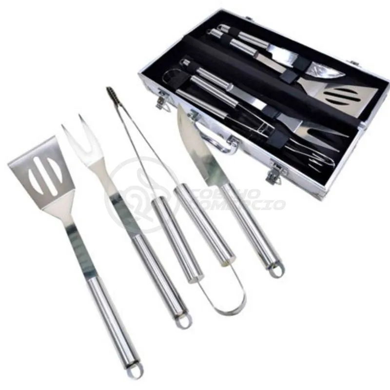 Kit Maleta Para Churrasco Steak Gourmet Jogo com 4 Peças Em Aço Inox Espátula Faca Garfo Pegador