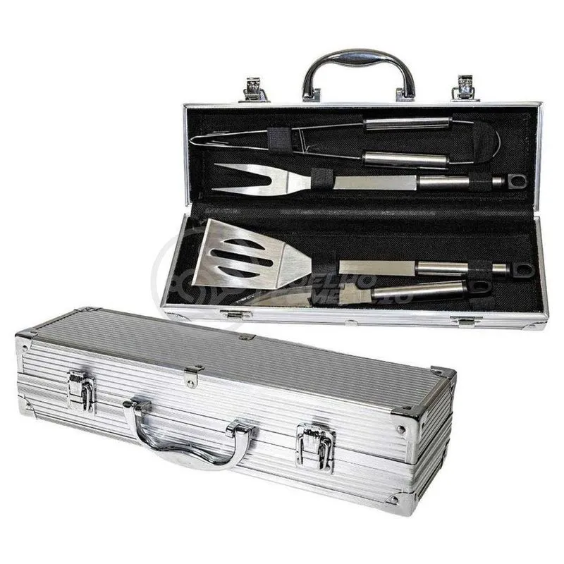 Kit Maleta p/ Churrasco Steak Gourmet Jogo Com 4pçs Inox