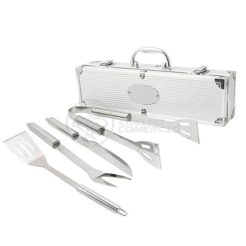 Kit Maleta Para Churrasco Steak Gourmet Jogo com 4 Peças Em Aço Inox Espátula Faca Garfo Pegador