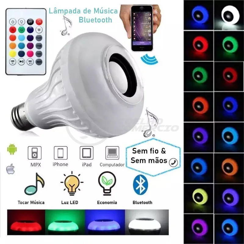Lâmpada Led 12W E27 Rgb Colorida Com Caixa De Som